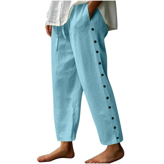 aidice Cotton Linen Pants for Women Straight Leg Drawstring Elastic Waist Pants With Pockets Summer Vacation Pants