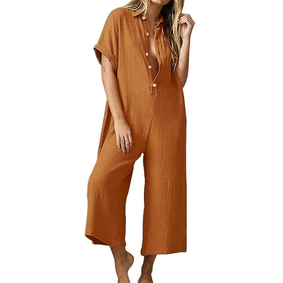aidice Cotton Linen Rompers for Women Summer Lapel Neck Button Short Sleeve Loose Casual Pants Jumpsuits