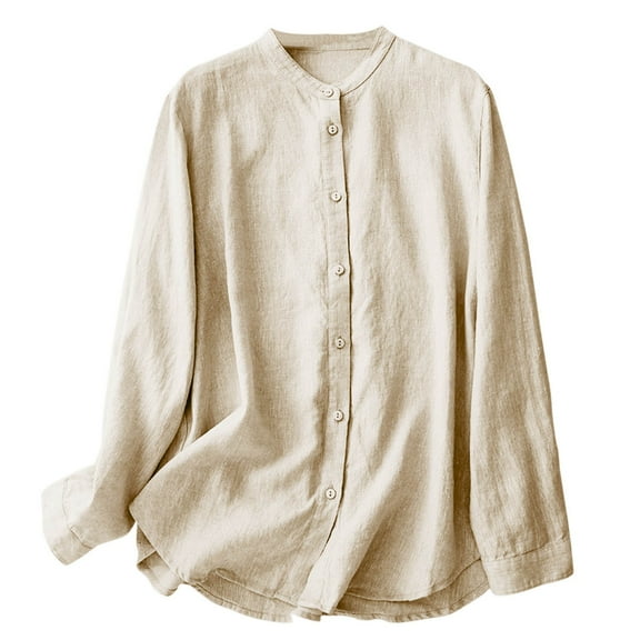 aidice Cotton Linen Shirts for Women Casual Crewneck Button up Long Sleeve Lightweight Loose Tee Shirts