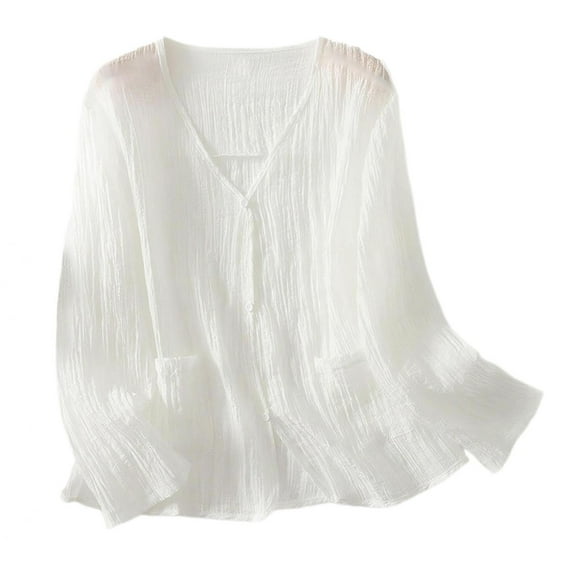 aidice Cotton Linen Shirts for Women Casual V Neck Button Long Sleeve Loose Lightweight Thin Blouses Tops