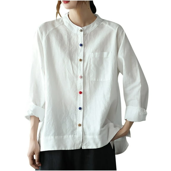 aidice Cotton Linen Tops Foe Women Casual Long Sleeve Button up Crewneck Loose Lightweight Shirts Pockets