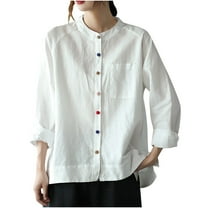 aidice Cotton Linen Tops Foe Women Casual Long Sleeve Button up Crewneck Loose Lightweight Shirts Pockets
