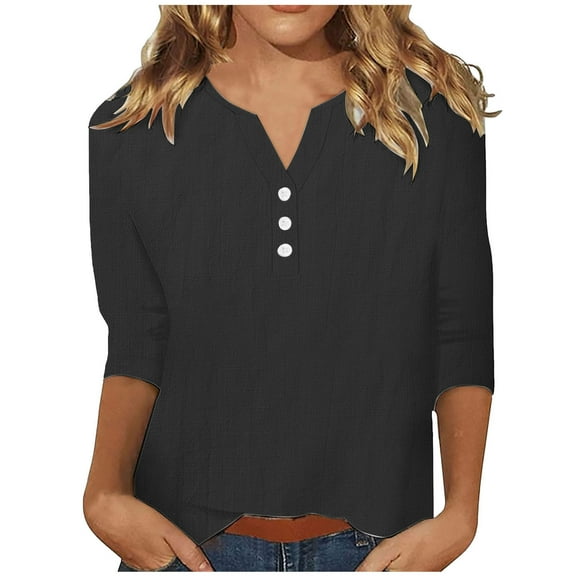 aidice Cotton Linen Tops for Women Casual Notched V Neck 3/4 Sleeve Button Lightweight Blouses Tops