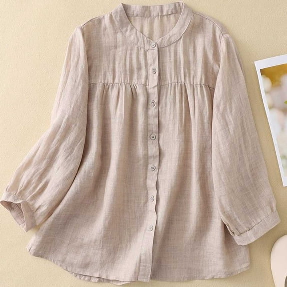 aidice Cotton Linen Tops for Women Lightweight Loose Round Neck Long Sleeve Button up Ruched Casual Shirts