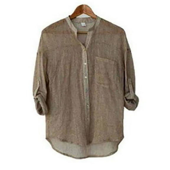 aidice Cotton Linen Tops for Women Lightweight Notched V Neck Blouses Button up Long Sleeve Casual Shirts