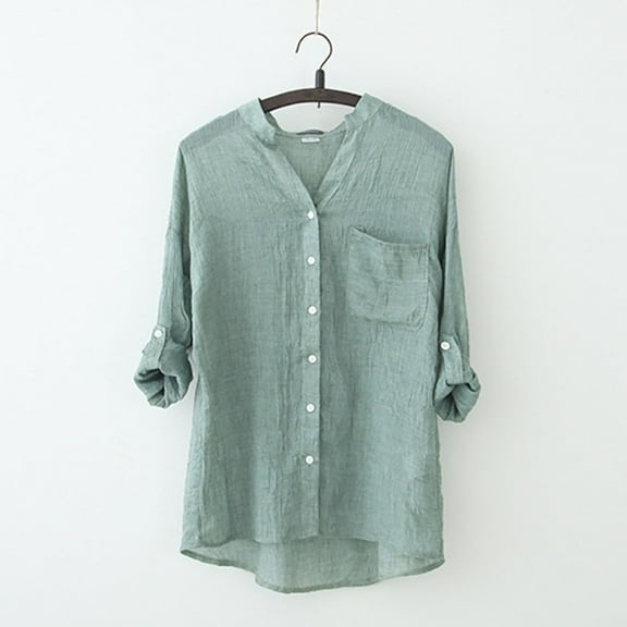 aidice Cotton Linen Tops for Women Lightweight Notched V Neck Blouses Button up Long Sleeve Casual Shirts