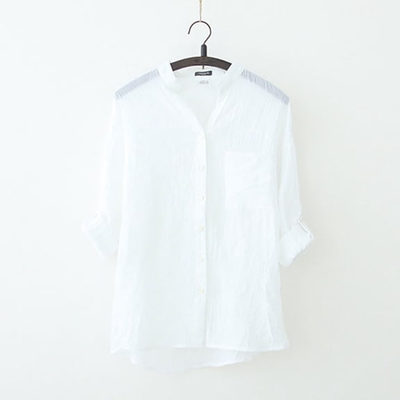 aidice Cotton Linen Tops for Women Lightweight Notched V Neck Blouses Button up Long Sleeve Casual Shirts