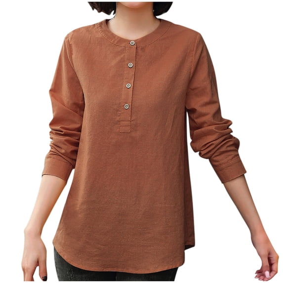 aidice Cotton Linen Women Shirts Casual Round Neck Button Long Sleeve Lightweight Loose Fall Tshirts