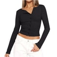 thumbnail image 1 of aidice Crop Tops for Women Casual Round Neck Long Sleeve Button up Slim Fitting Comfy Stretch Shirts, 1 of 3