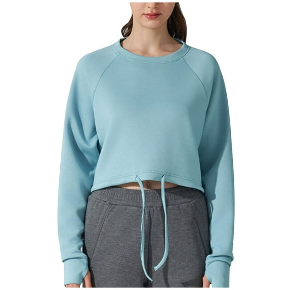 aidice Crop Tops for Women Casual Round Neck Long Sleeve Loose Blouses Solid Color Comfy Pullover Tops