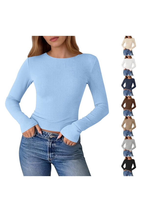 Crop Tops for Women Going out Tops Long Sleeve Slim Fitted Crewneck Stretch Basic Layer Top Tees Shirts Plain Cute Blouse