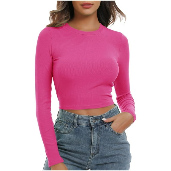 aidice Crop Tops for Women Ribbed Crewneck Long Sleeve Slim Fitting Comfy Casual Solid Color Tee Shirts