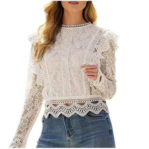 aidice Crop Tops for Women Summer Lace Crewneck Long Sleeve Fitting Hollow out Trendy Tee Shirts