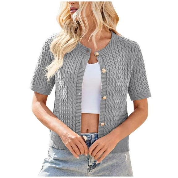 aidice Cropped Cardigan for Women Knit Round Neck Short Sleeve Button up Comfy Summer Casual Sweater Tops