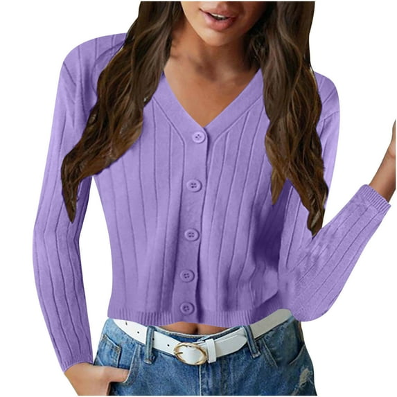 aidice Cropped Cardigan for Women V Neck Button up Long Sleeve Slim Fitting Comfy Casual Cardigans
