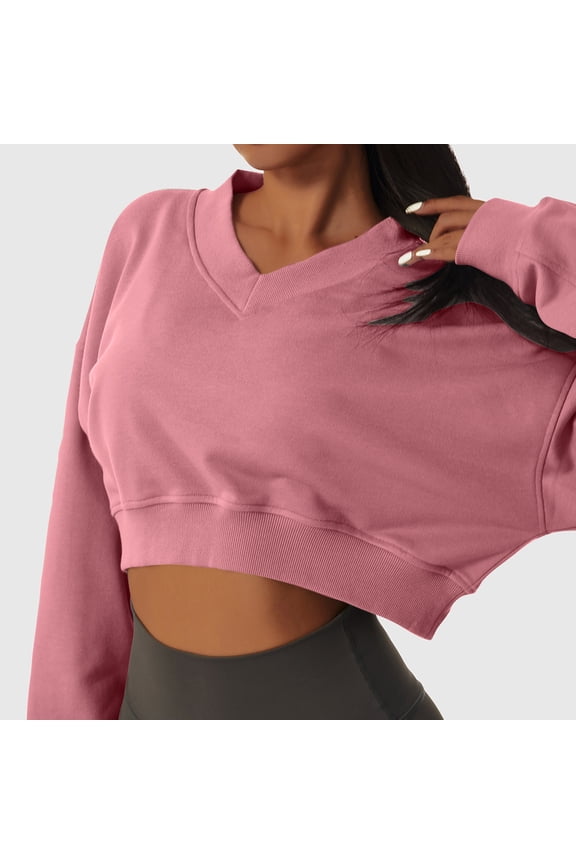 Cropped Sweatshirts for Women V Neck Long Sleeve Hoodless Loose Drop Shoulder Athletic Pullover Tops