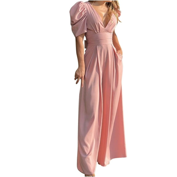 aidice Dressy Jumpsuits for Women Deep V Neck Puff Short Sleeve Ruched Bow Tie Wide Leg Pants Rompers
