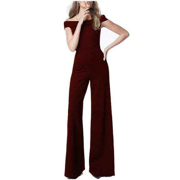 aidice Dressy Jumpsuits for Women Office Off-Shoulder Slim Fitting Comfy Solid Color Work Flare Leggings Rompers