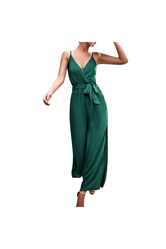 Dressy Jumpsuits for Women Office V Neck Adjustable Strap Belt Ruched Side Split Wide Leg Pants Rompers