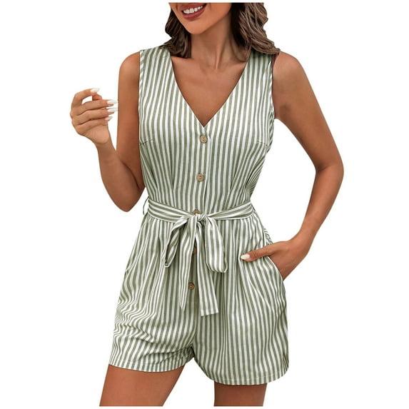 aidice Dressy Jumpsuits for Women Summer Casual V Neck Button up Sleeveless Belt Striped Office Rompers