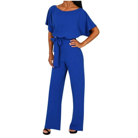 aidice Dressy Jumpsuits for Women Summer Round Neck Short Sleeve Belt Keyhole Elegant Office Pants Rompers