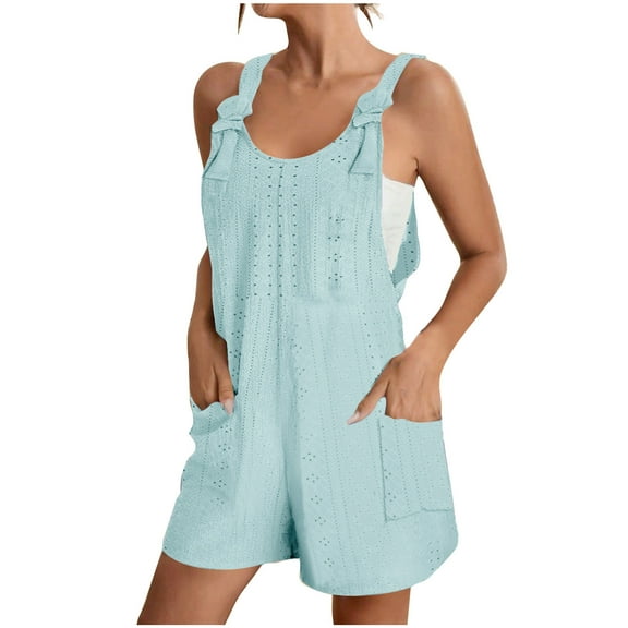 aidice Eyelet Jumpsuits for Women Summer Round Neck Sleeveless Comfy Loose Casual Shorts Rompers Pockets