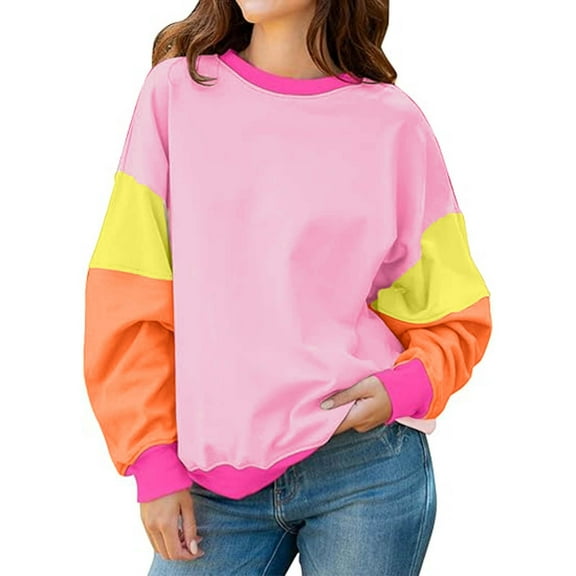 aidice Fall Sweatshirts for Women Crewneck Long Sleeve Loose Drop Shoulder Color Block Pullover Tops