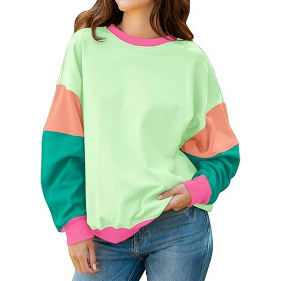 aidice Fall Sweatshirts for Women Crewneck Long Sleeve Loose Drop Shoulder Color Block Pullover Tops