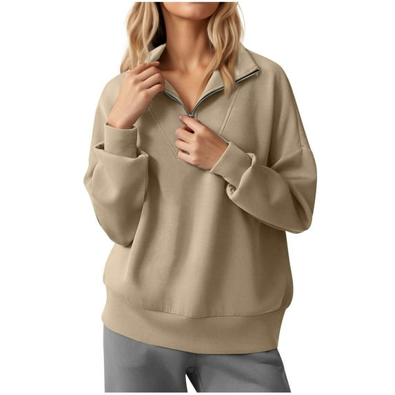 aidice Fall Sweatshirts for Women Lapel Neck Quarter Zip Long Sleeve Loose Solid Color Pullover Tops