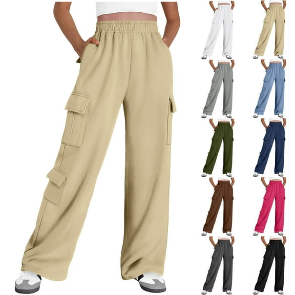 aidice Fleece Lined Sweatpants for Women Cargo Pants Straight Leg Casual Loose Elastic High Waisted Athletic Joggers with Pockets