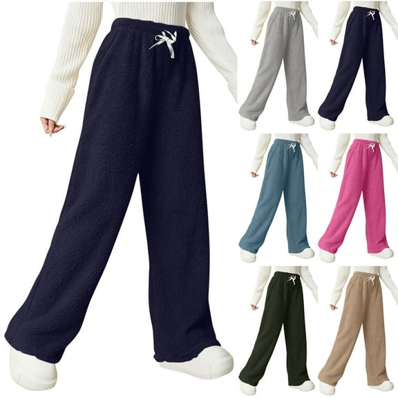 aidice Fleece Pants for Women Plush Fuzzy Warm Pajama Pants Drawstring High Waisted Straight Leg Loose Fitted Loungewear Trousers