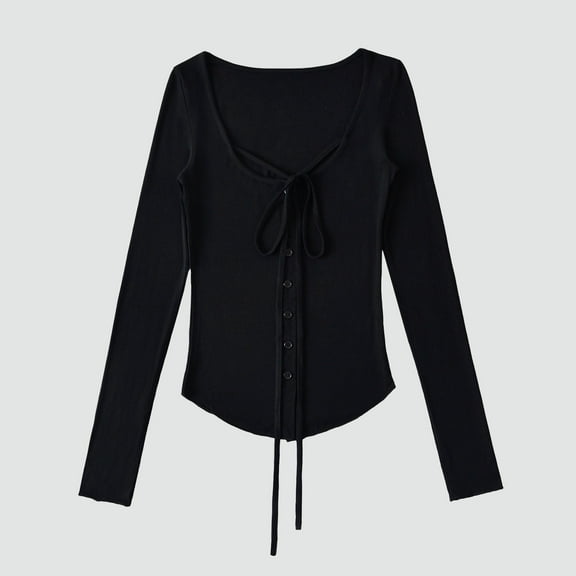 aidice Going out Tops for Women Button up Long Sleeve Round Neck Drawstring Cardigans Casual Comfy Shirts