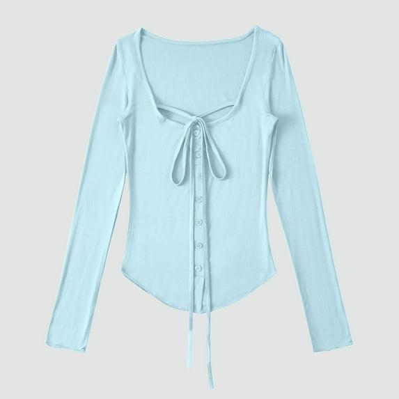 aidice Going out Tops for Women Button up Long Sleeve Round Neck Drawstring Cardigans Casual Comfy Shirts