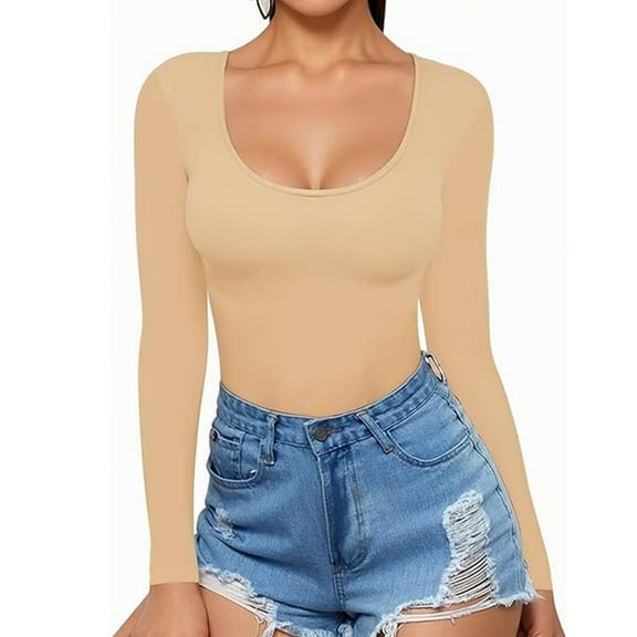 aidice Going out Tops for Women Casual Scoop Neck Long Sleeve Comfy Slim Fitting Solid Color Tee Shirts