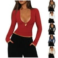 thumbnail image 1 of aidice Going out Tops for Women Ribble Knitted Cropped Tops Keyhole Deep V Neck Stretch Basic Layer Undershirt, 1 of 6