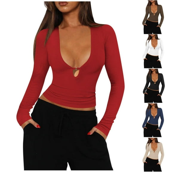 aidice Going out Tops for Women Ribble Knitted Cropped Tops Keyhole Deep V Neck Stretch Basic Layer Undershirt