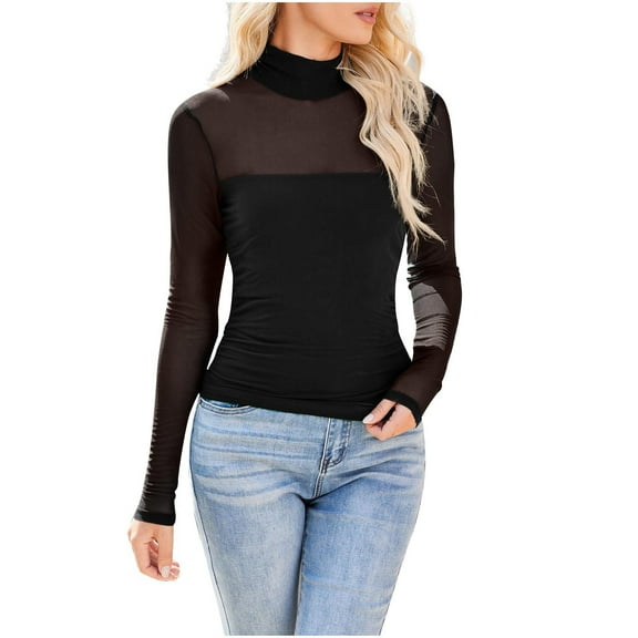 aidice Going out Tops for Women Trendy High Neck Long Sleeve Slim Fitting Gauze Thin Casual Tee Shirts