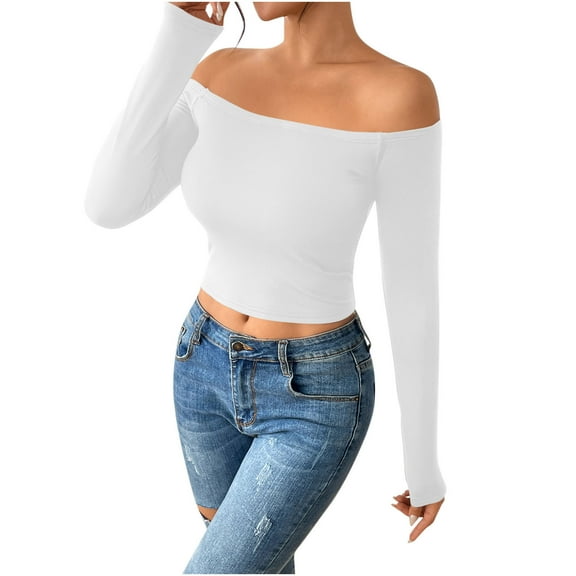 aidice Going out Tops for Women off Should Long Sleeve Cropped Slim Fitting Comfy Casual Tee Shirts