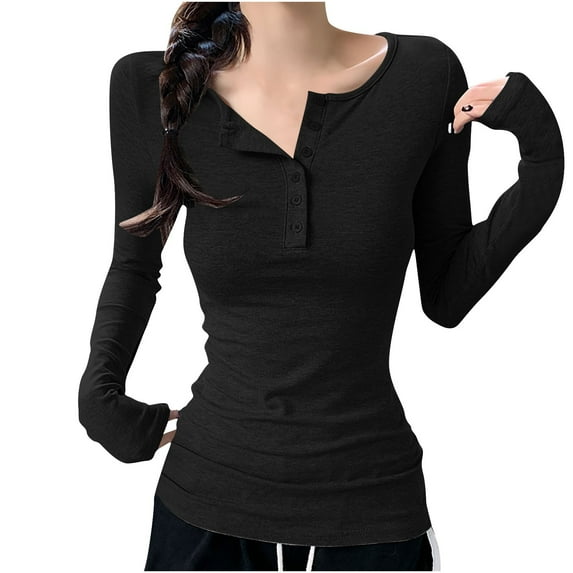 aidice Going out for Women Casual Round Neck Long Sleeve Button Shirts Slim Fitting Comfy Fall Blouses