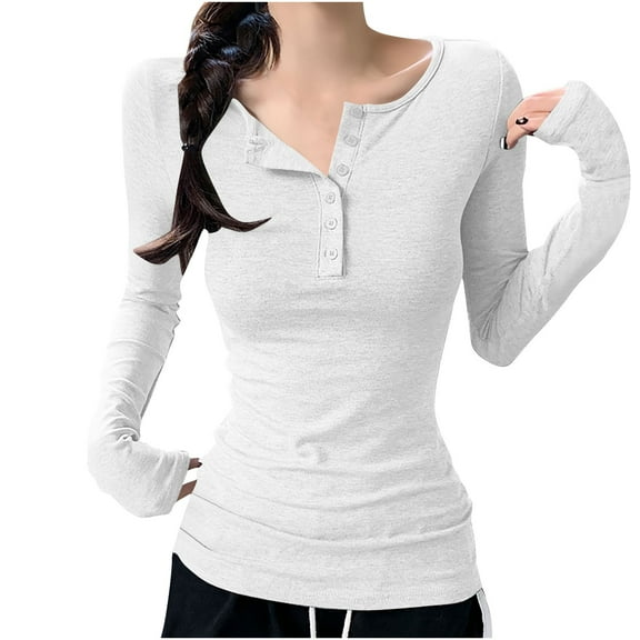 aidice Going out for Women Casual Round Neck Long Sleeve Button Shirts Slim Fitting Comfy Fall Blouses