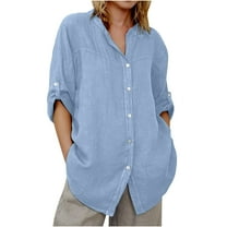 aidice Jean Shirts for Women Casual Crewneck 3/4 Length Sleeve Button up Loose Classical Denim Tops