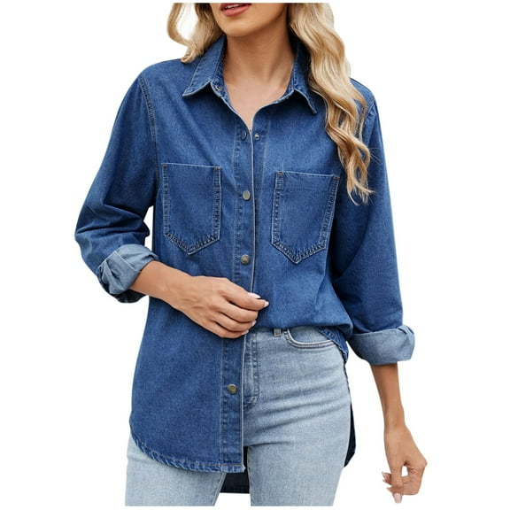 aidice Jean Shirts for Women Casual Lapel Neck Long Sleeve Button up Classical Fall Denim Tops Pockets