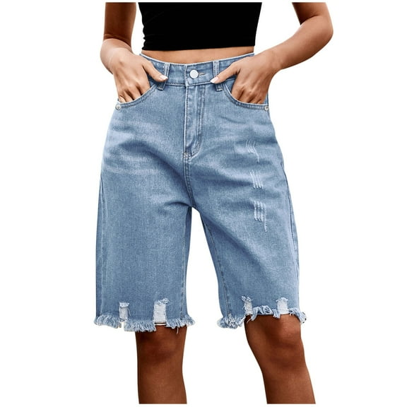 aidice Jean Shorts for Women Summer Casual Loose Button Zip Ripped Classical Denim Knee Length Pants