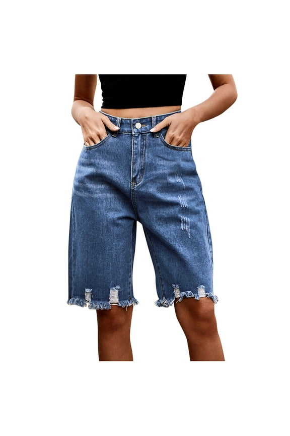 Jean Shorts for Women Summer Casual Loose Button Zip Ripped Classical Denim Knee Length Pants
