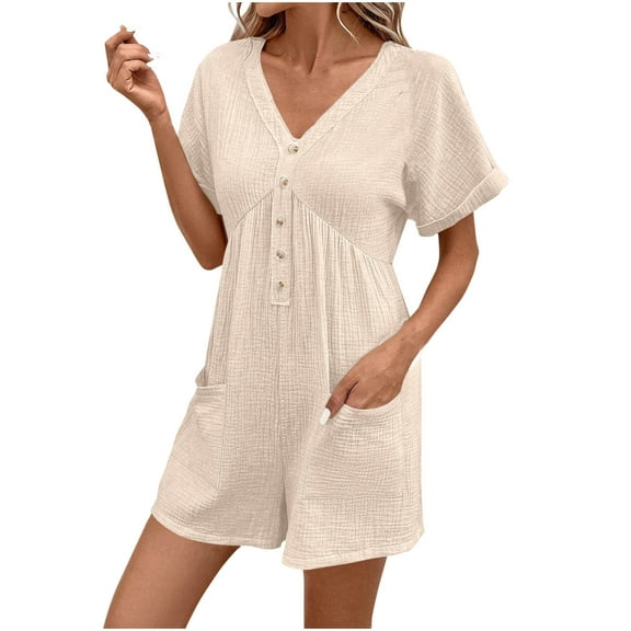 aidice Jumpsuit for Women V Neck Button Short Sleeve Ruched Loose Casual Zip Rompers Shorts Pockets