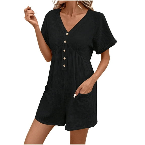 aidice Jumpsuit for Women V Neck Button Short Sleeve Ruched Loose Casual Zip Rompers Shorts Pockets