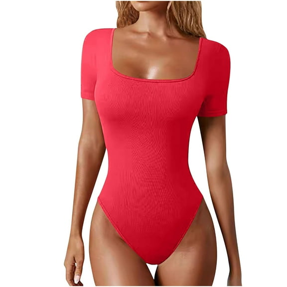aidice Jumpsuits for Women Summer Casual Ribbed Square Neck Short Sleeve Slim Fitting Comfy Bodysuits