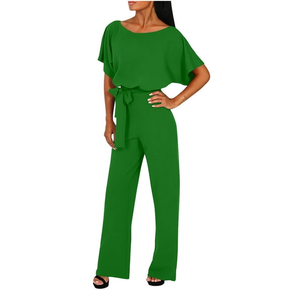 aidice Jumpsuits for Women Summer Casual Round Neck Short Sleeve Belt Loose Drop Shoulder Rompers