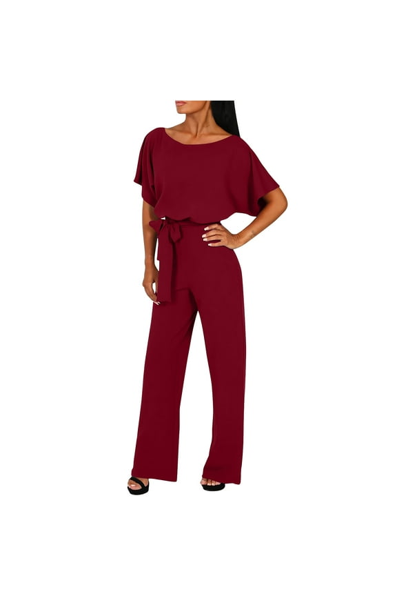 Jumpsuits for Women Summer Casual Round Neck Short Sleeve Belt Loose Drop Shoulder Rompers