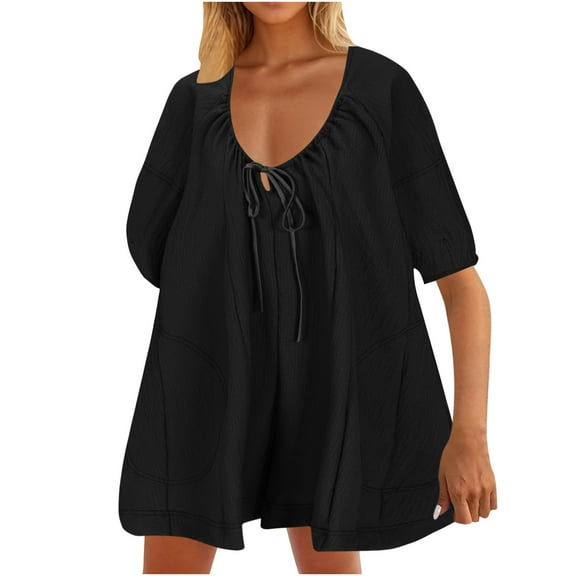 aidice Jumpsuits for Women Summer Round Neck Drawstring 1/2 Sleeve solid color Loose Casual Shorts Rompers
